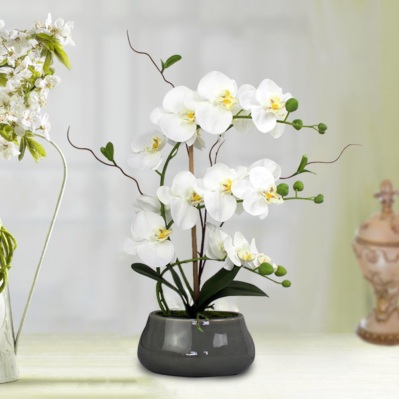 Amazon.co.jp: ホワイトオーキッド 造花 グレーの花瓶付き フェイク